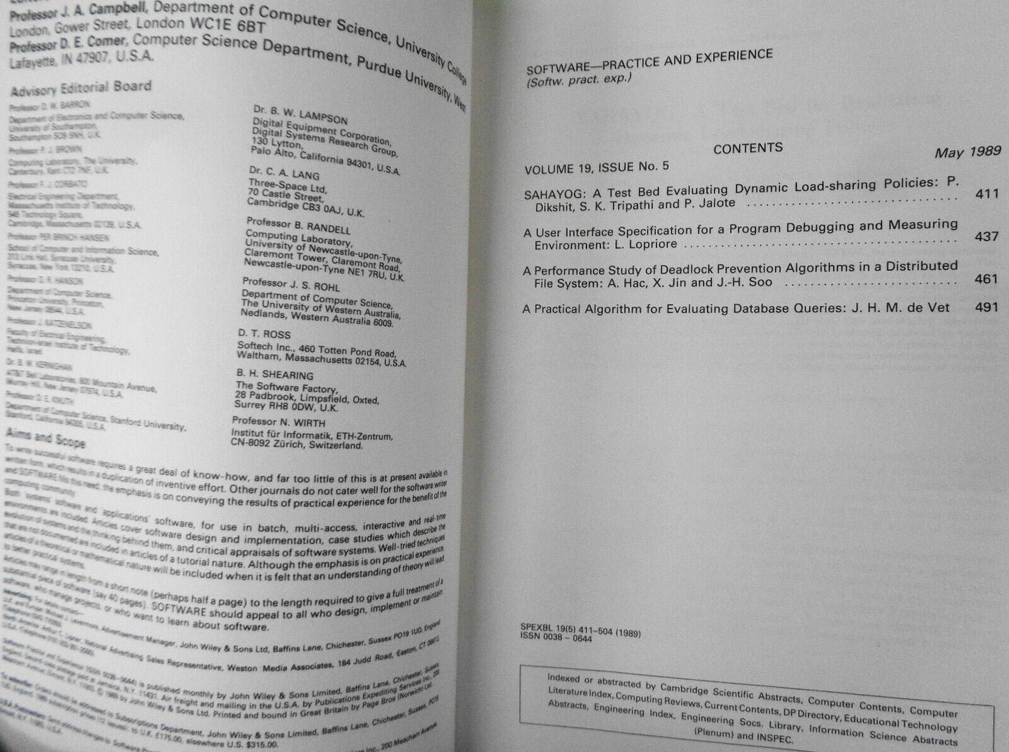Software Practice & Experience, May 1989 - Editors John Campbell & Douglas Comer