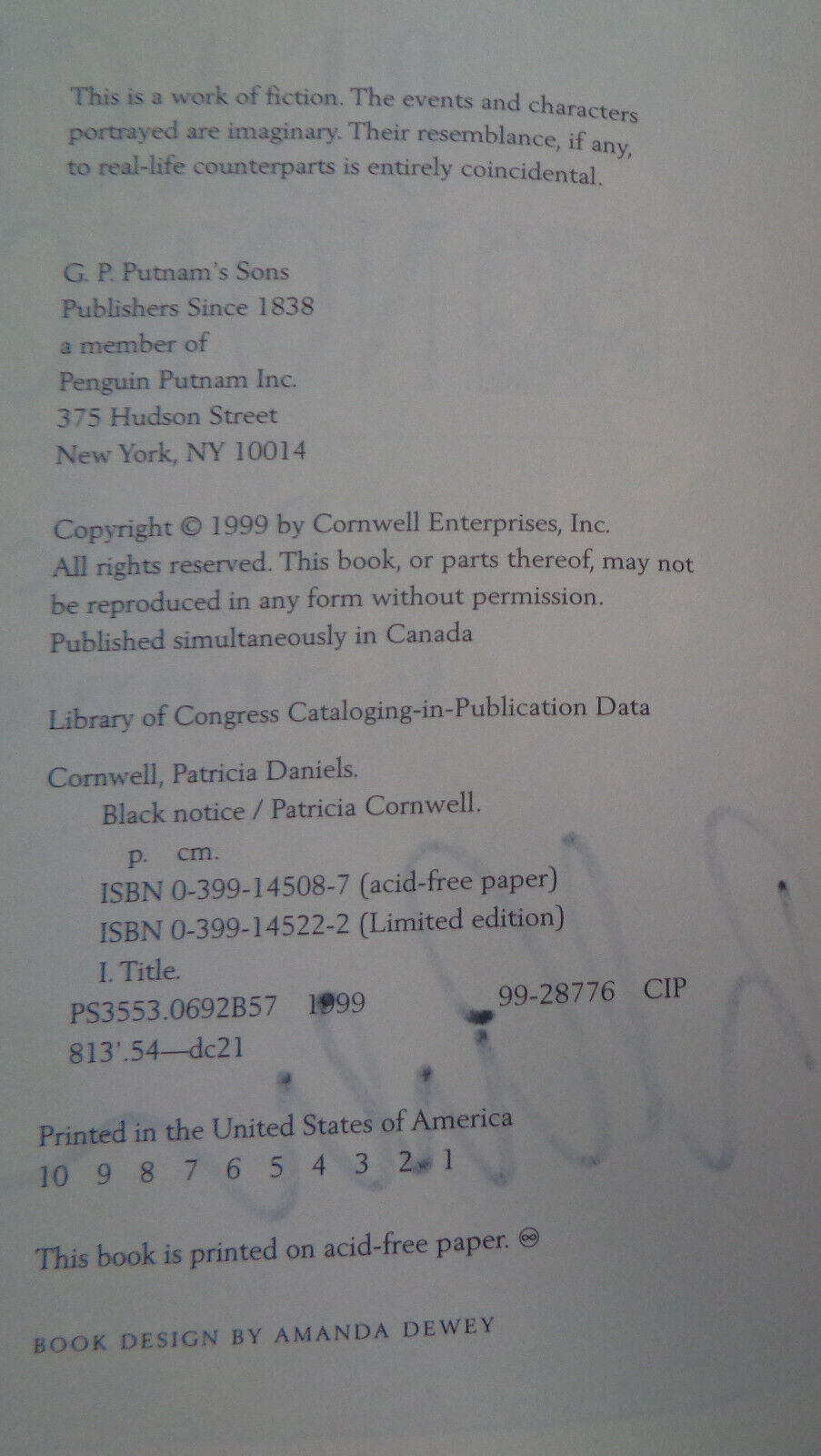 Patricia Cornwell - Black Notice - Signed First edition. 1999. Fine/Fine New