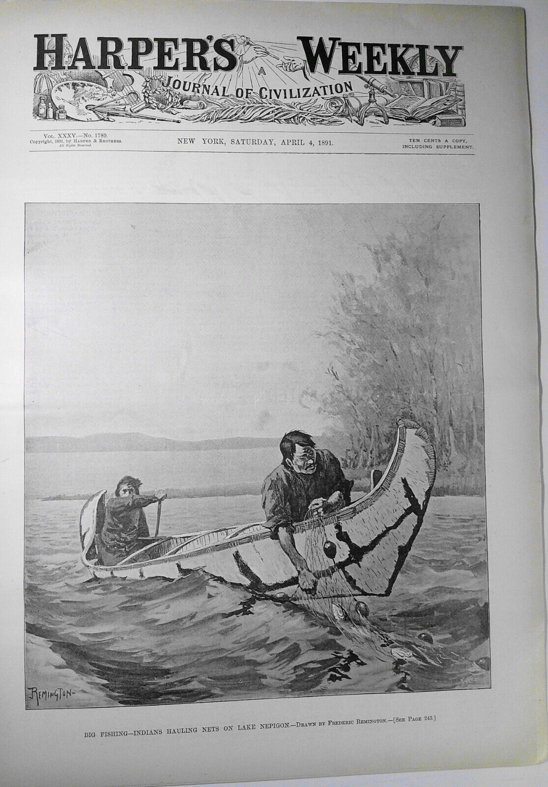 Harper's Weekly April 4, 1891 Big Fishing by Frederick Remington; Badminton etc