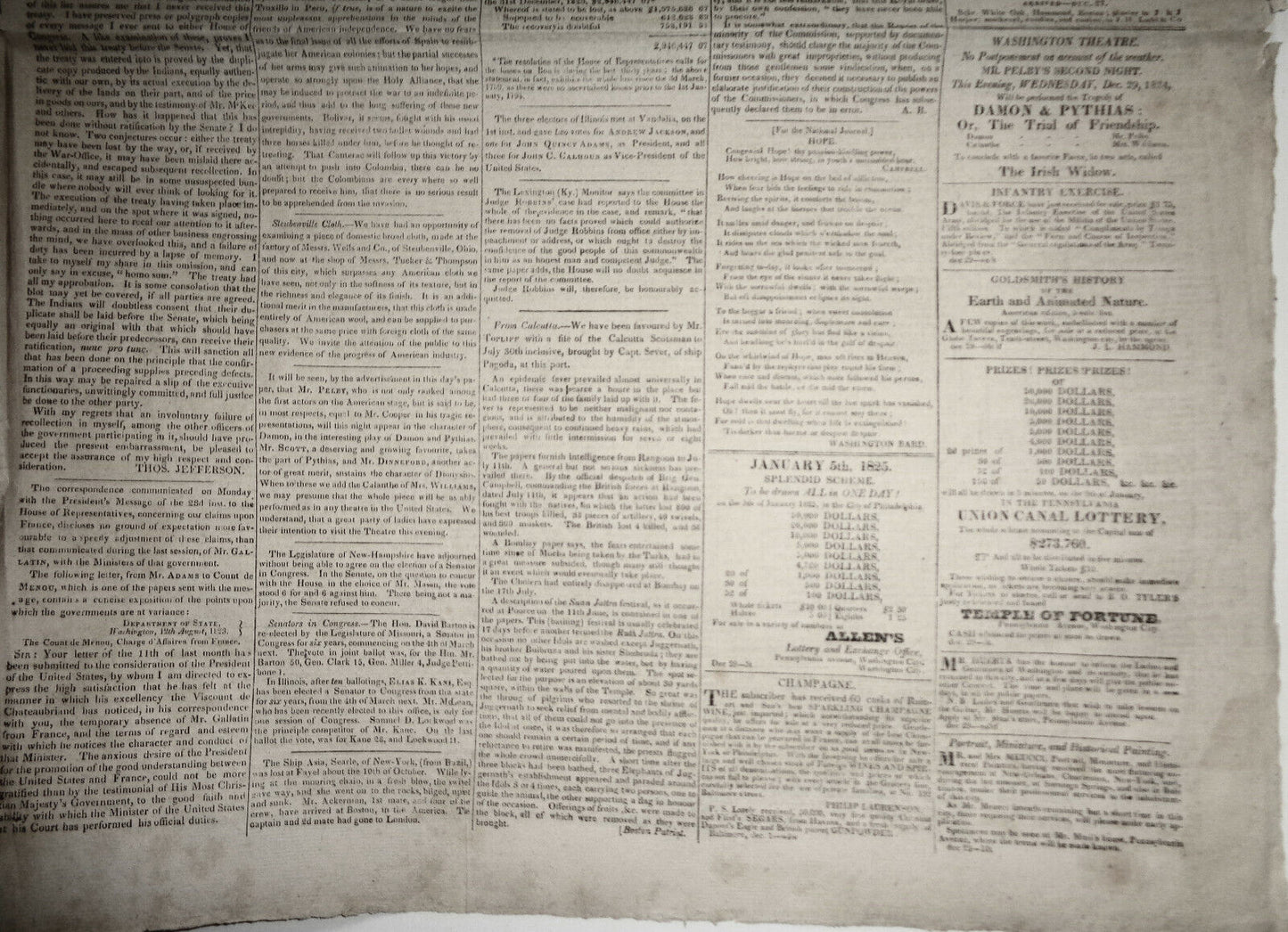 DAILY NATIONAL JOURNAL 1824 -DeWitt Clinton's copy. With Thomas Jefferson letter