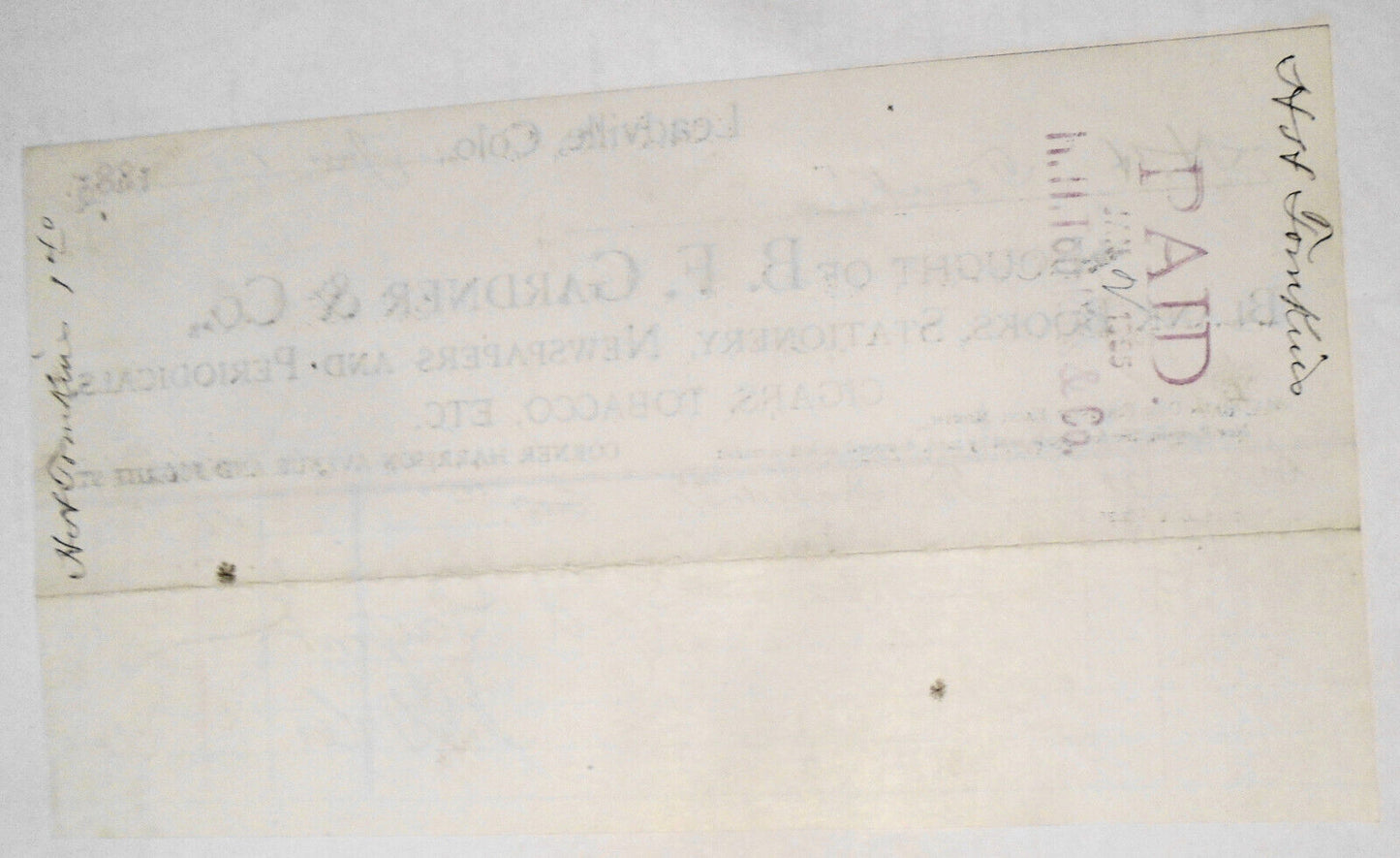 1889 Billhead receipt, B. F. Gardner & Co., Stationery, etc Leadville Colorado