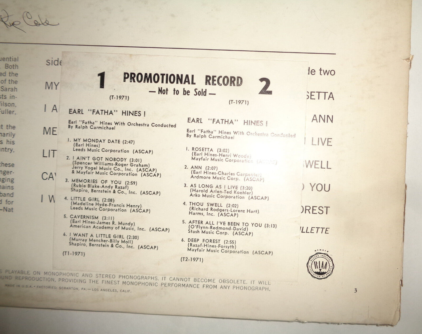 Earl "Fatha" Hines - Promo LP, Mono Capitol Records – T-1971, 1963