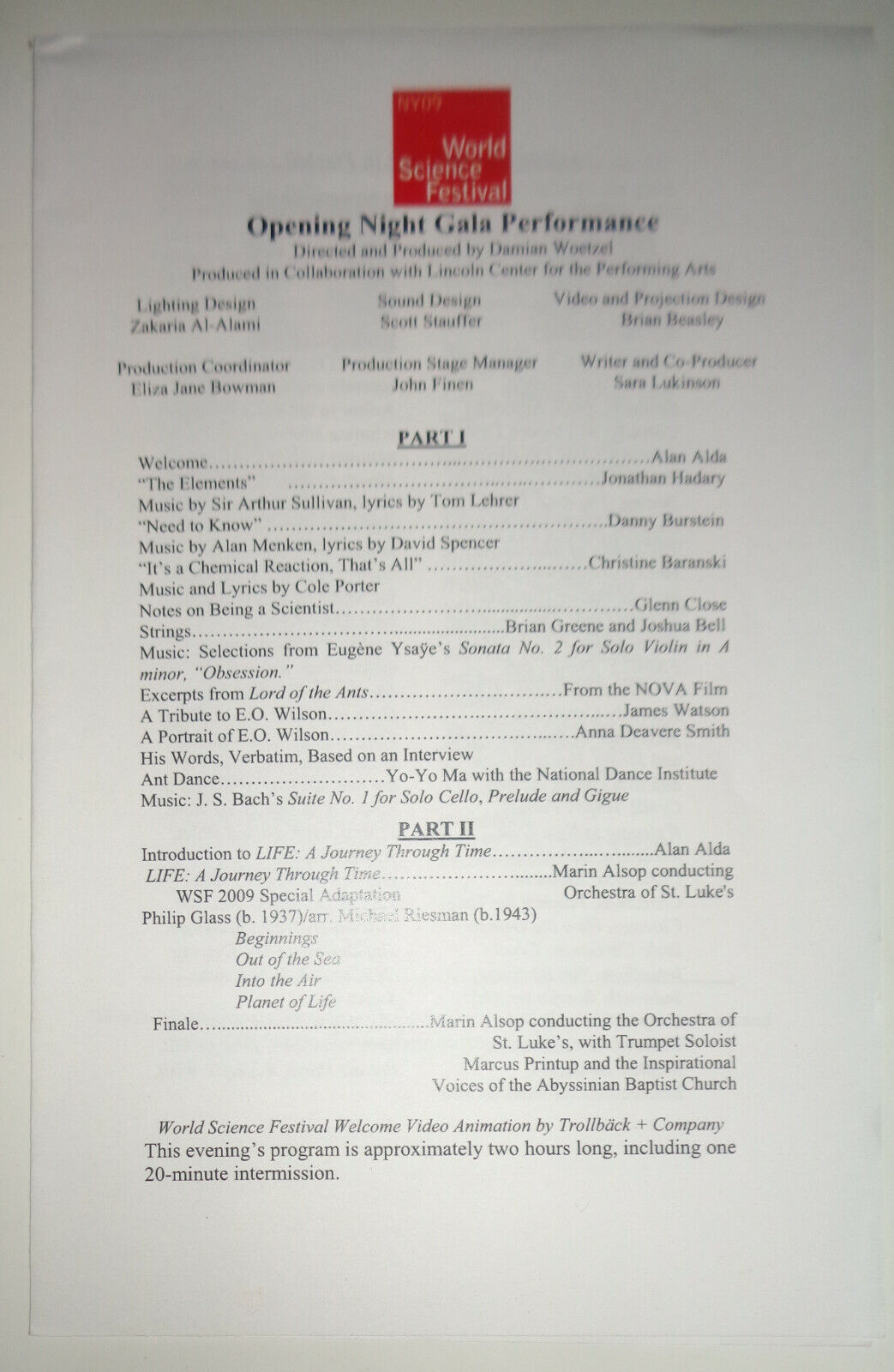 HONORING EDWARD O. WILSON, WORLD SCIENCE FESTIVAL 2009 - PLAYBILL, ETC - 4 ITEMS