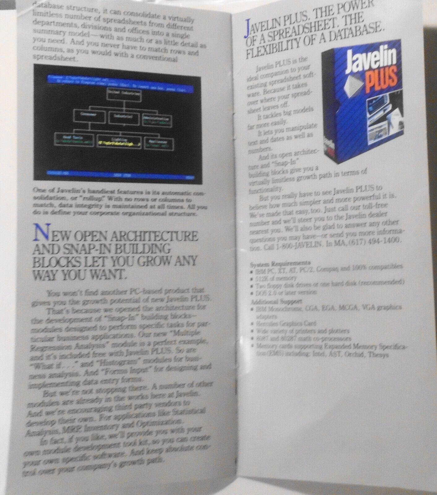 Javelin Plus spreadsheet / database promo brochure, 1980s. For IBM PCs