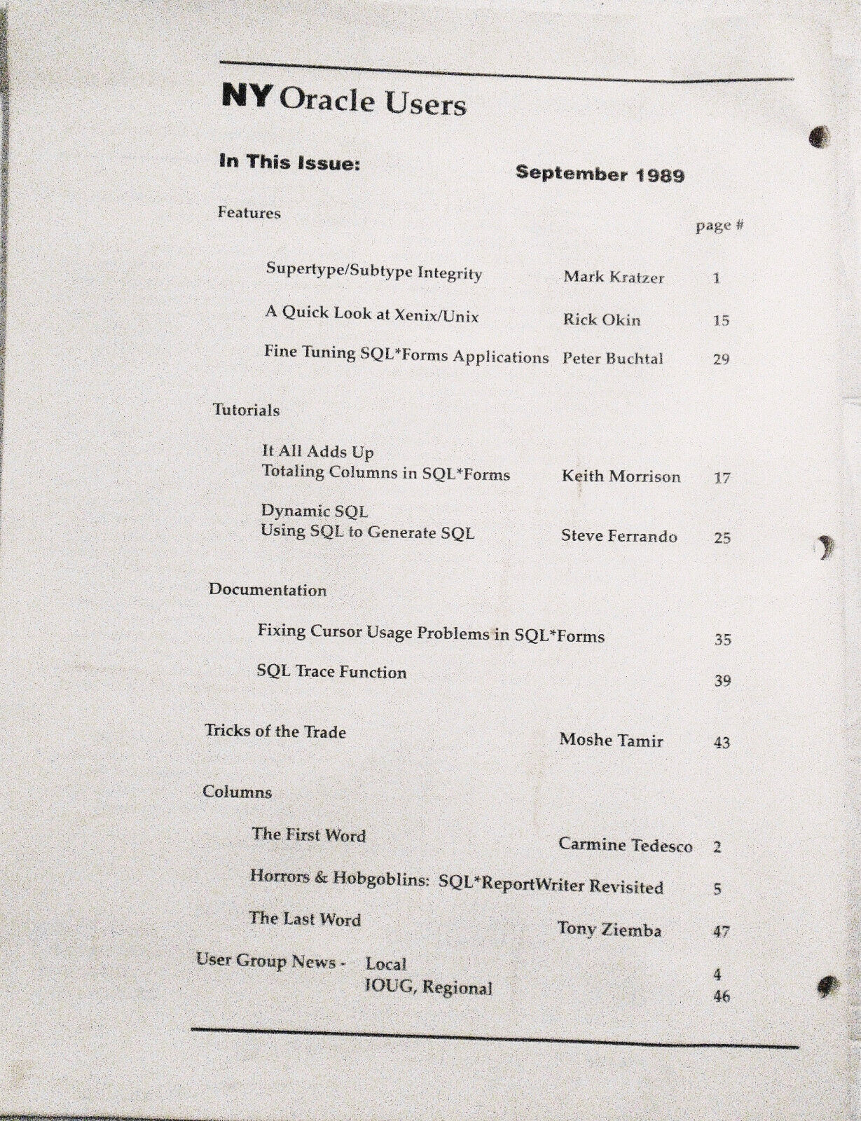 New York Oracle Users Group Newsletter, September 1989. Volume II, Number 4.