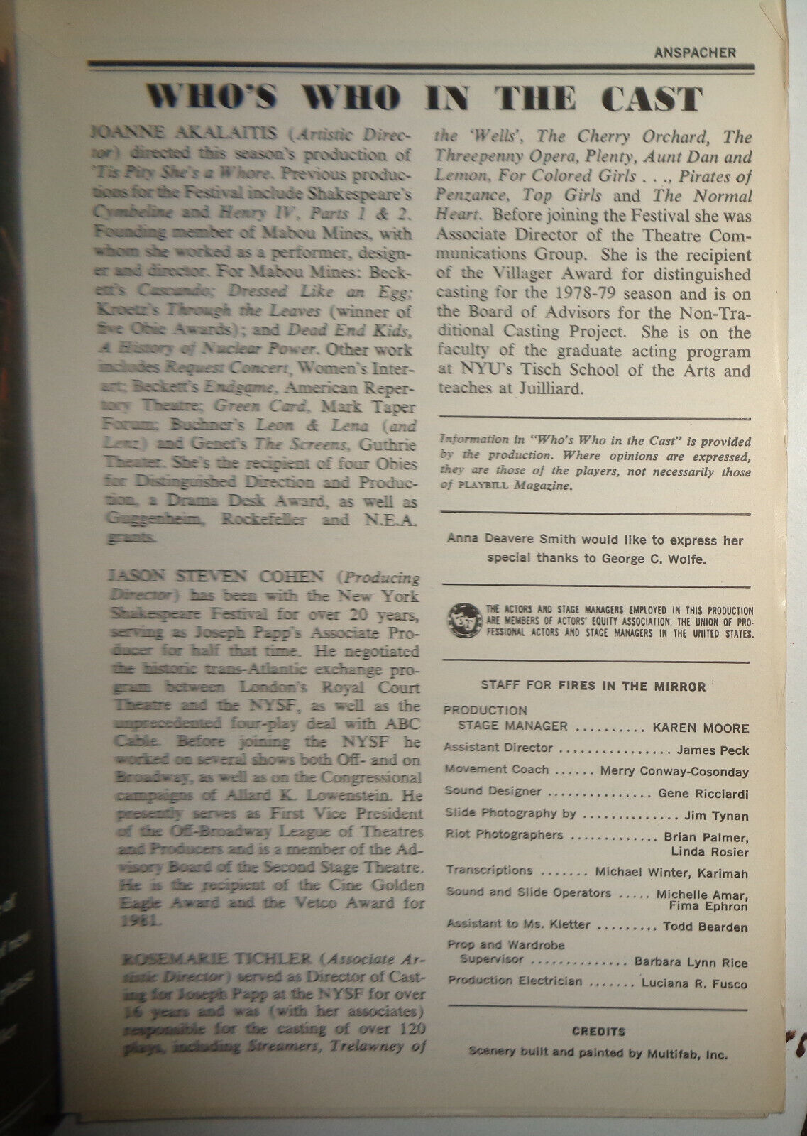 FIRES IN THE MIRROR CROWN HEIGHTS, BROOKLYN AND OTHER IDENTITIES - PLAYBILL 1992