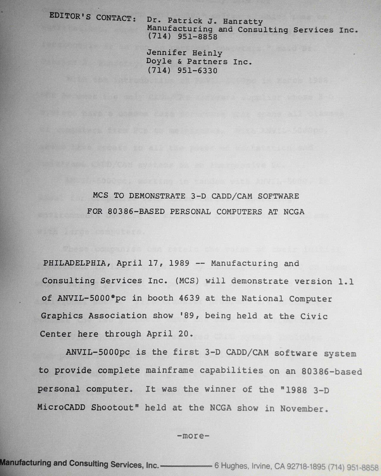 ANVIL-5000 3D CADD/CAM Software Press Kit, 1989. By MCS.