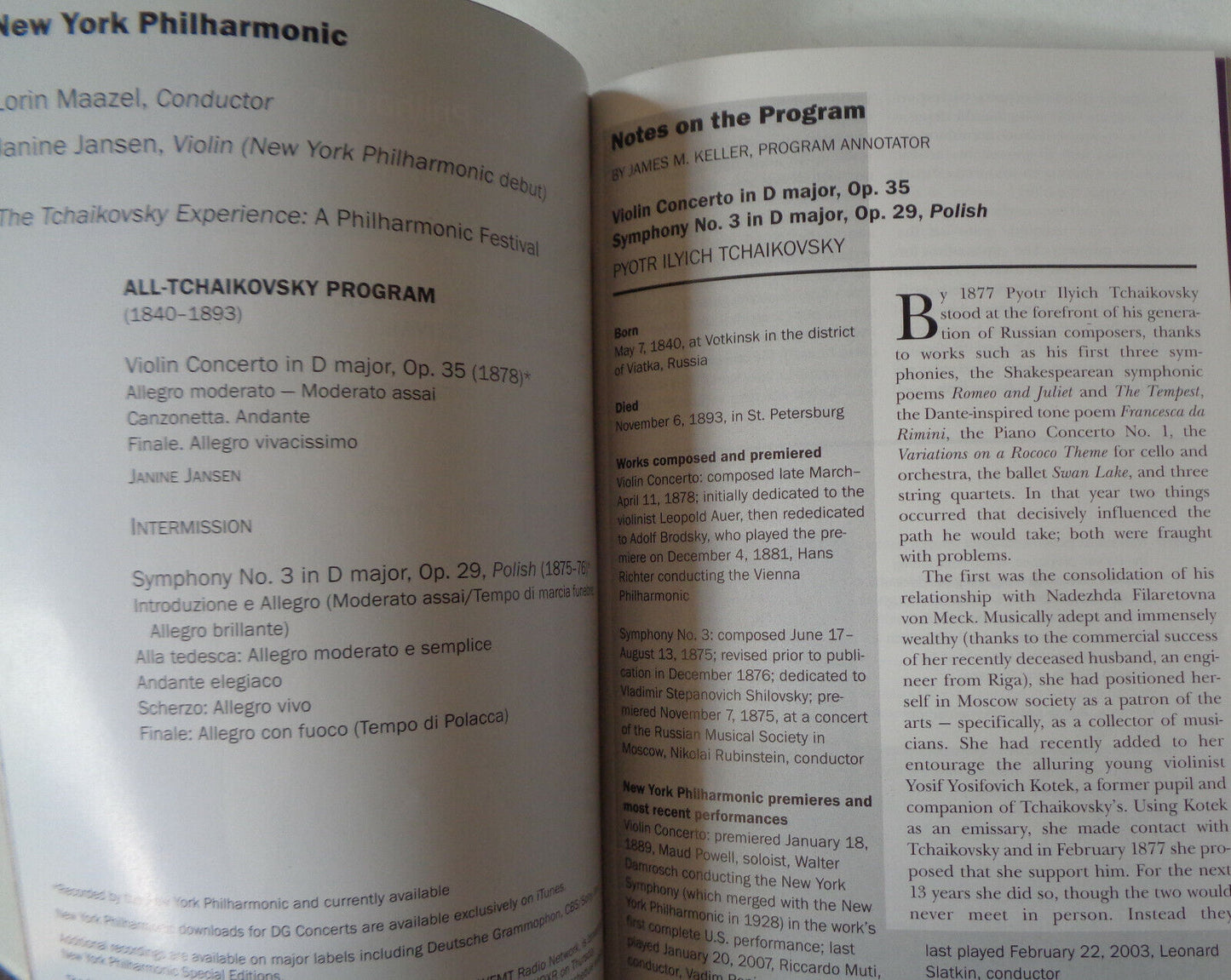 THE TCHAIKOVSKY EXPERIENCE: Lorin Maazel, Janine Jansen - PLAYBILL - OCT 3, 2007