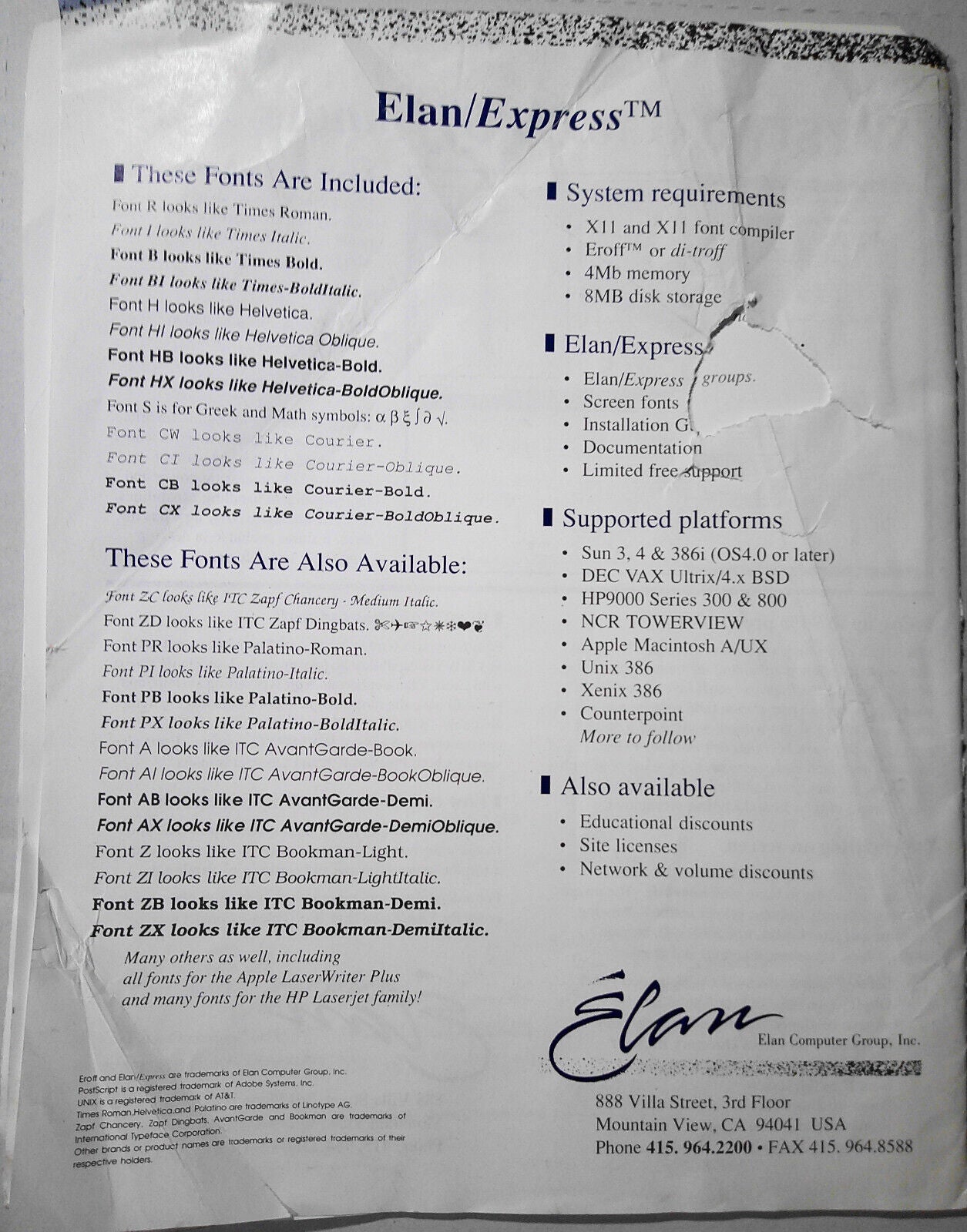 Eroff, by Elan Computer Group. 1989 UNIX Typesetting system Descriptive brochure