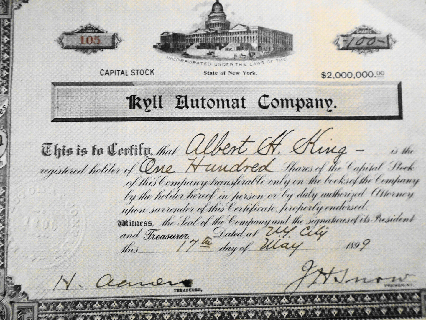 1899 Kyll Automat Company, New York - rare Stock Certificate, 100 shares