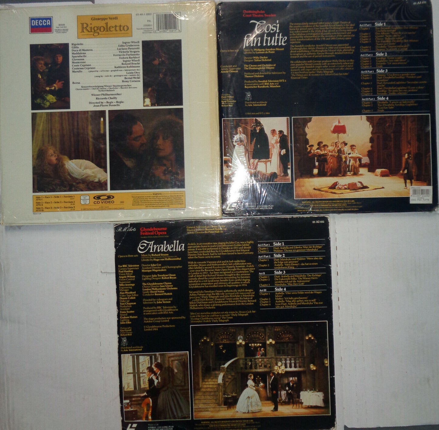 3 Opera Laserdisc sets - Rigoletto (sealed, Pavarotti), Arabella, Cosi Fan Tutte