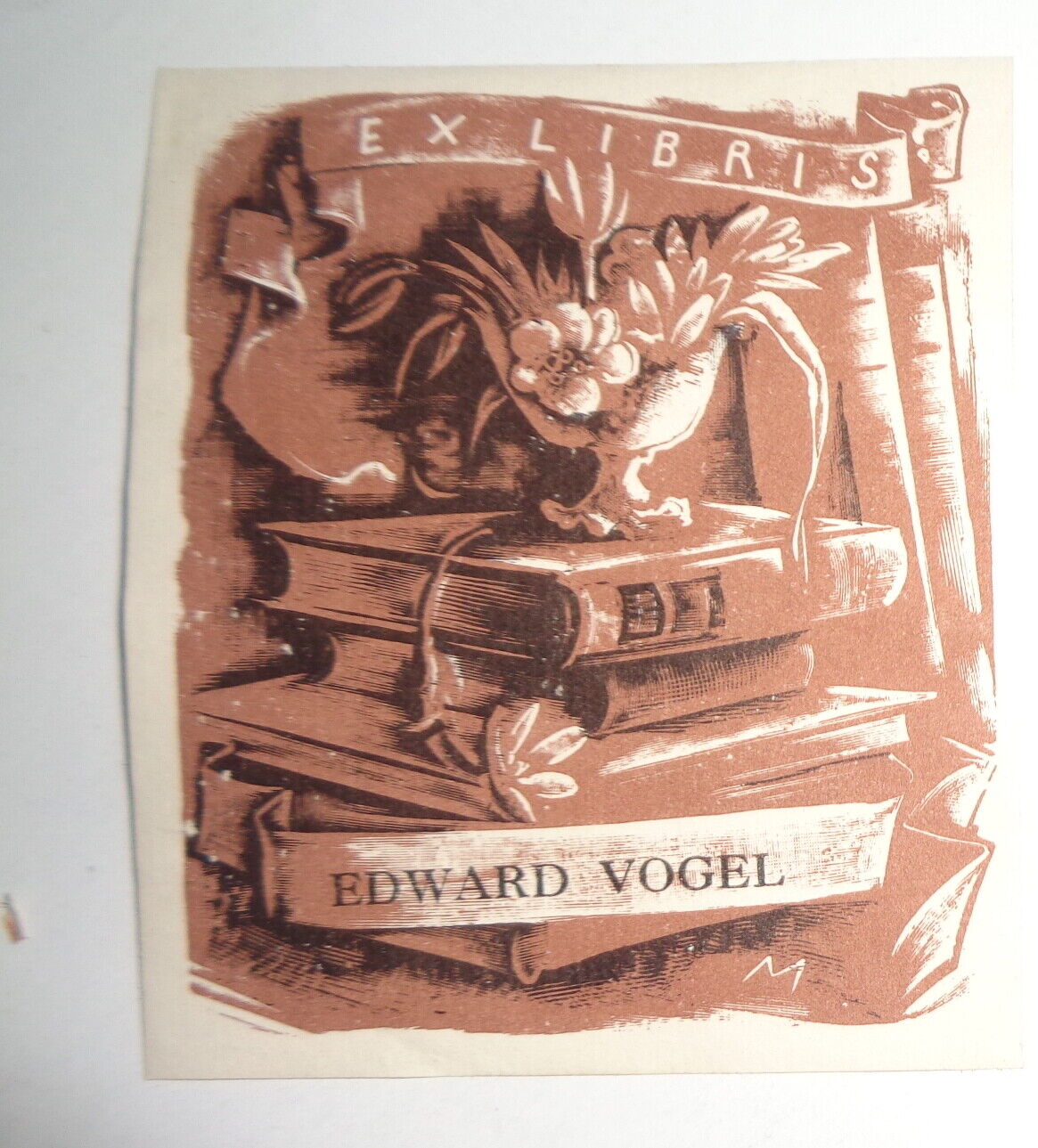 Edward Vogel Ex Libris Bookplate signed "M" in plate