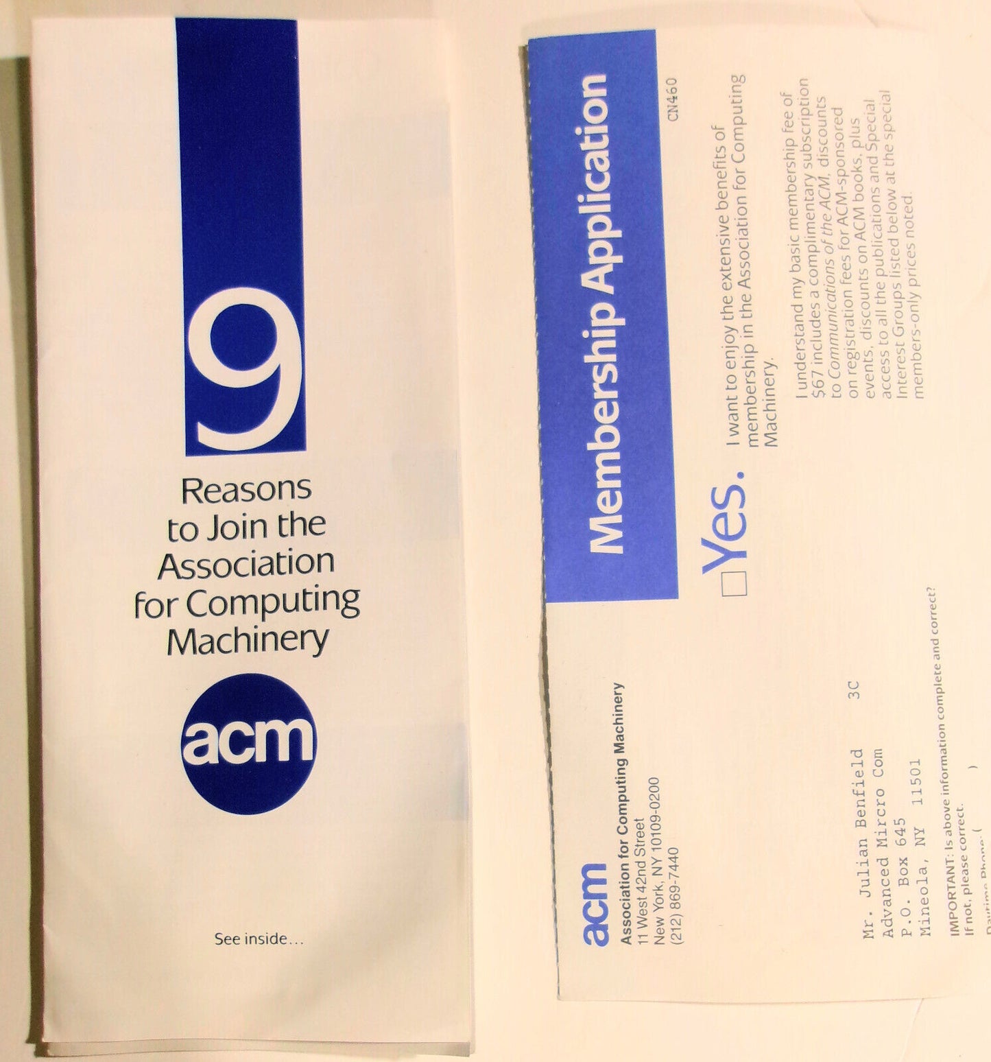 1989 ACM Association for Computer Machinery, Membership Application & promo lit.