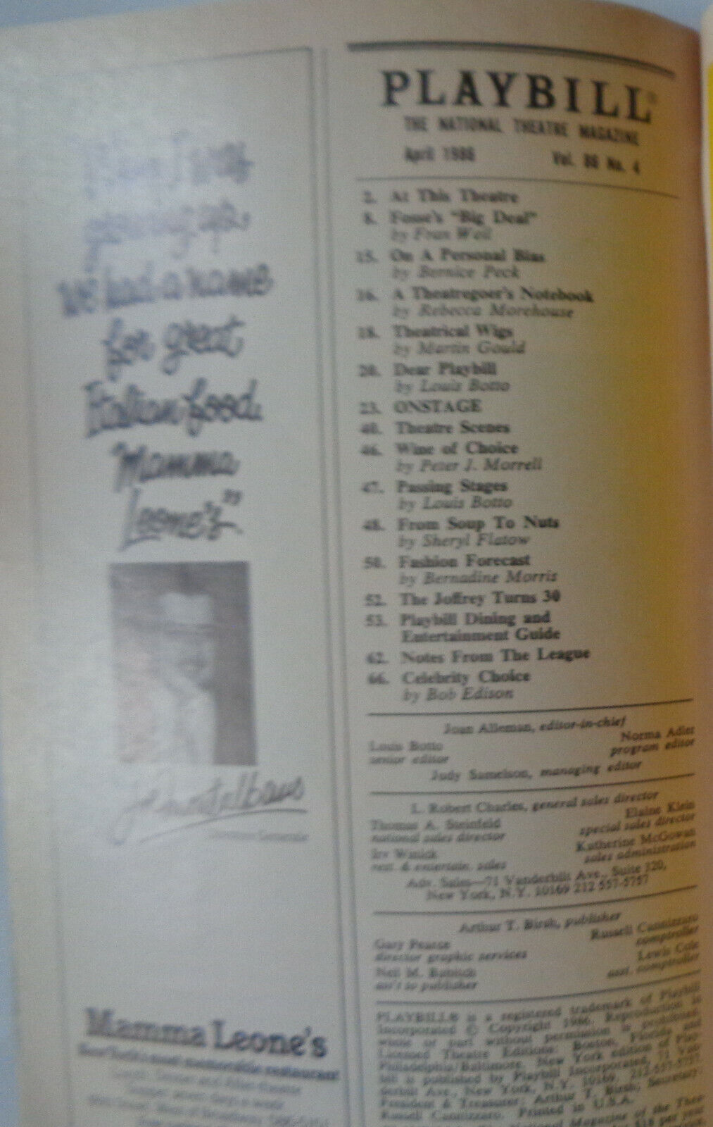 SO LONG ON LONELY STREET - PLAYBILL - OPENING NIGHT, APRIL, 3, 1986