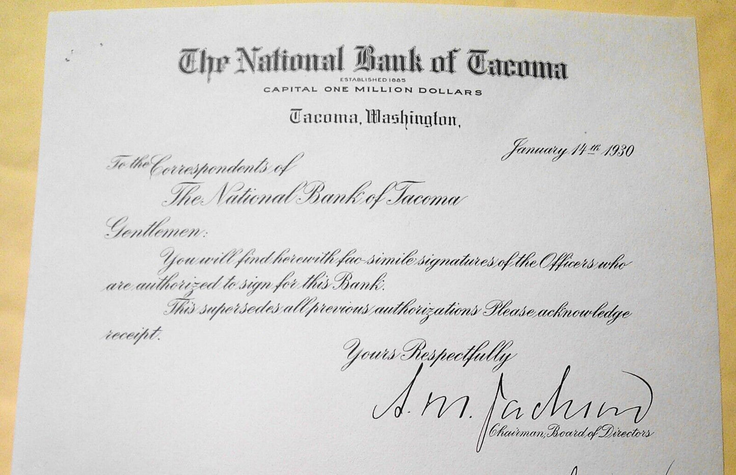 1930 The National Bank of Tacoma, Washington - Signatures of Officers