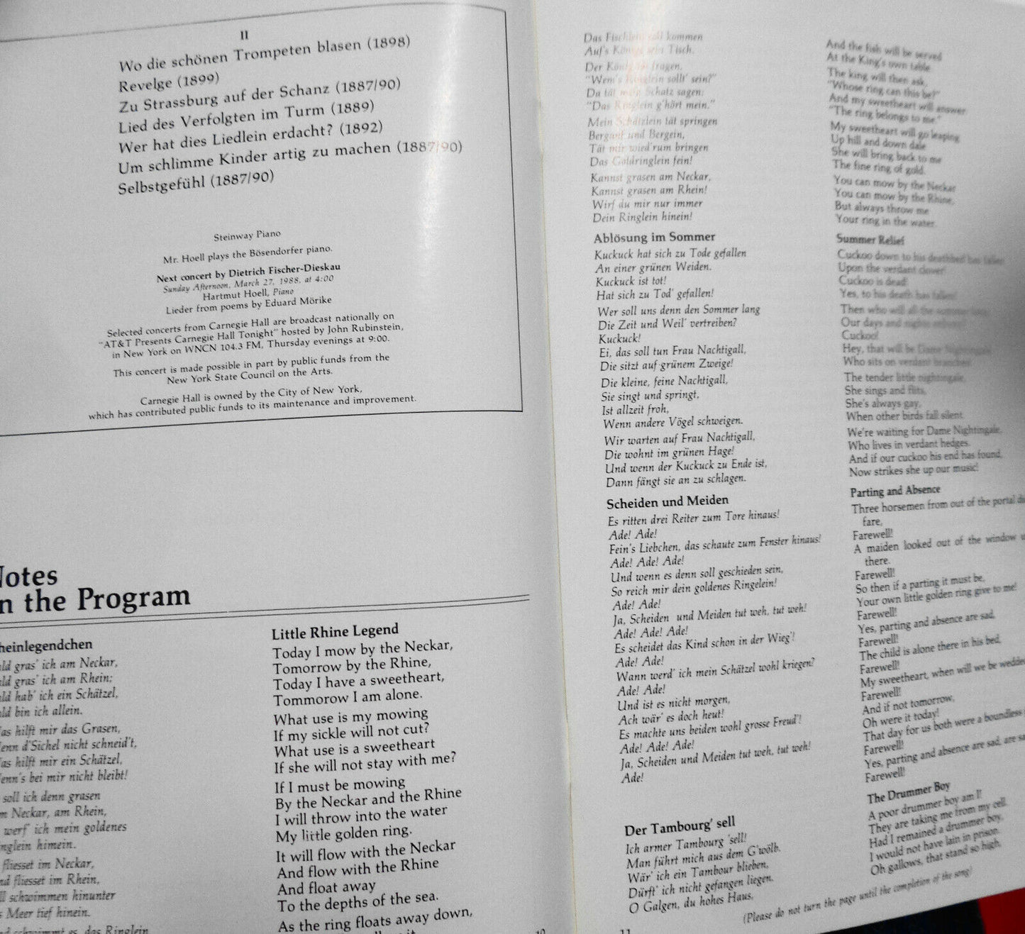 DIETRICH FISCHER-DIESKAU (BARITONE) / HARTMUT HOELL 1988 Carnegie Hall Stagebill