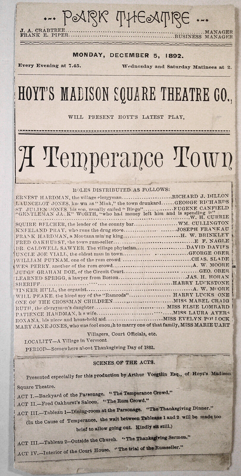 A Temperance Town : 6 Boston Theater program sections, 1892 - 1922