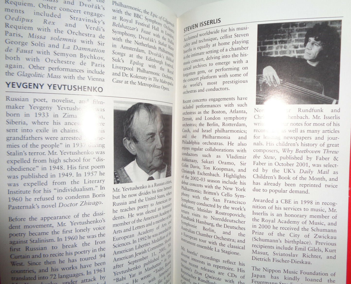 Czech Philharmonic Orchestra Playbill Carnegie Hall 2003 Ashkenazy, Yevtushenko