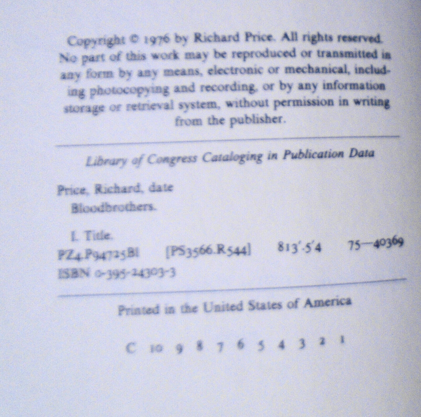 Bloodbrothers, by Richard Price. SIGNED First Edition 1976