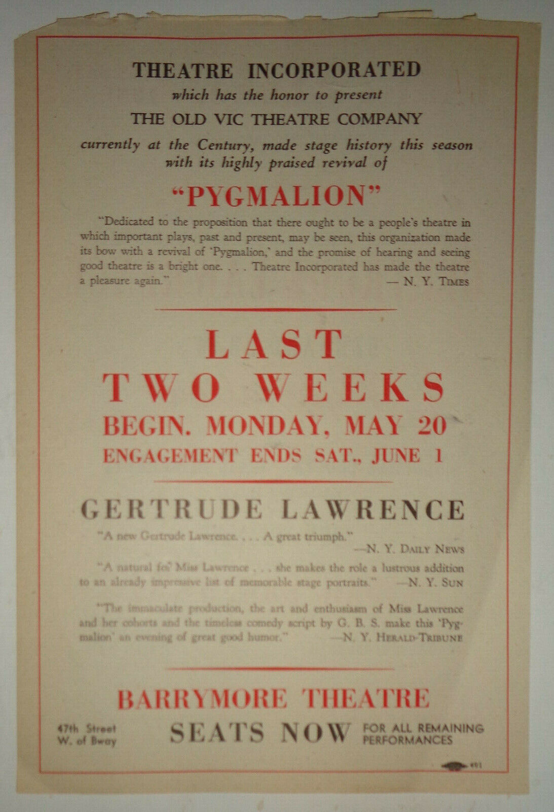 Gertrude Lawrence in Pygmalion - Barrymore Theatre, NYC - 1946 - Flyer