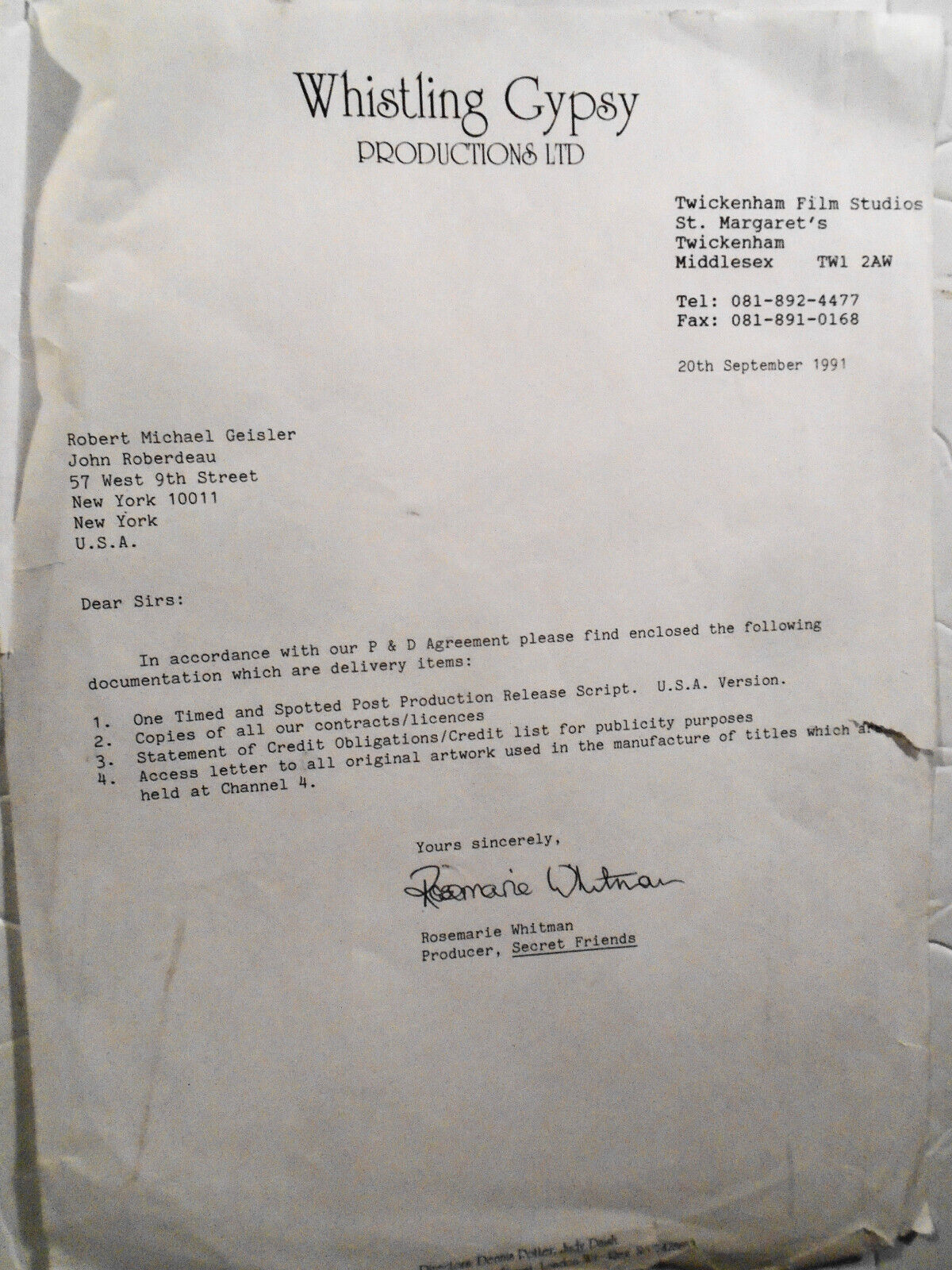 SECRET FRIENDS, by Dennis Potter -- Combined Dialogue ... Release Script. 1991.