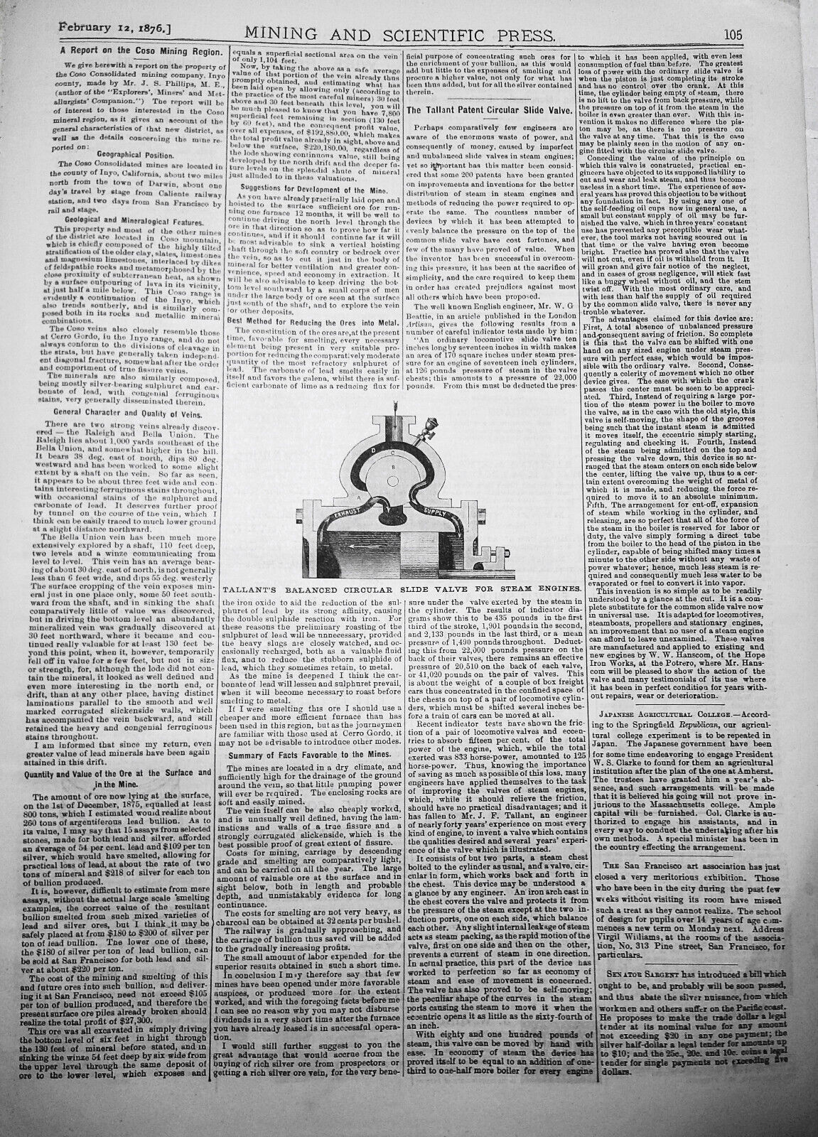 Mining and Scientific Press Feb 12, 1876. Edison's "New Force"; Mining Debris...