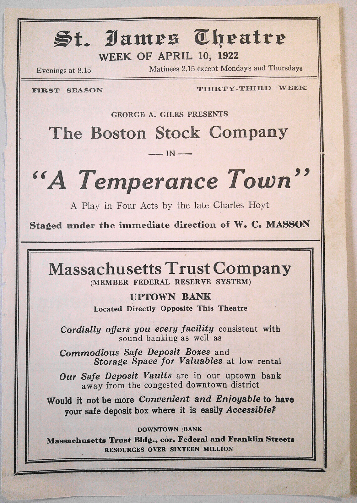 A Temperance Town : 6 Boston Theater program sections, 1892 - 1922