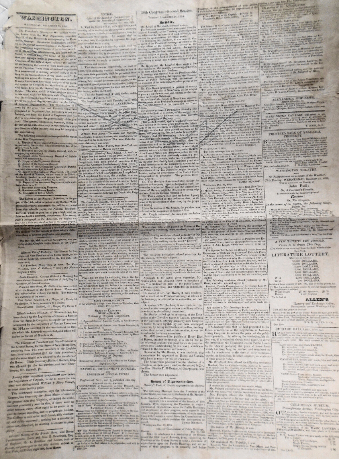 DAILY NATIONAL JOURNAL December 15, 1824 - from NY Gov DeWitt Clinton collection