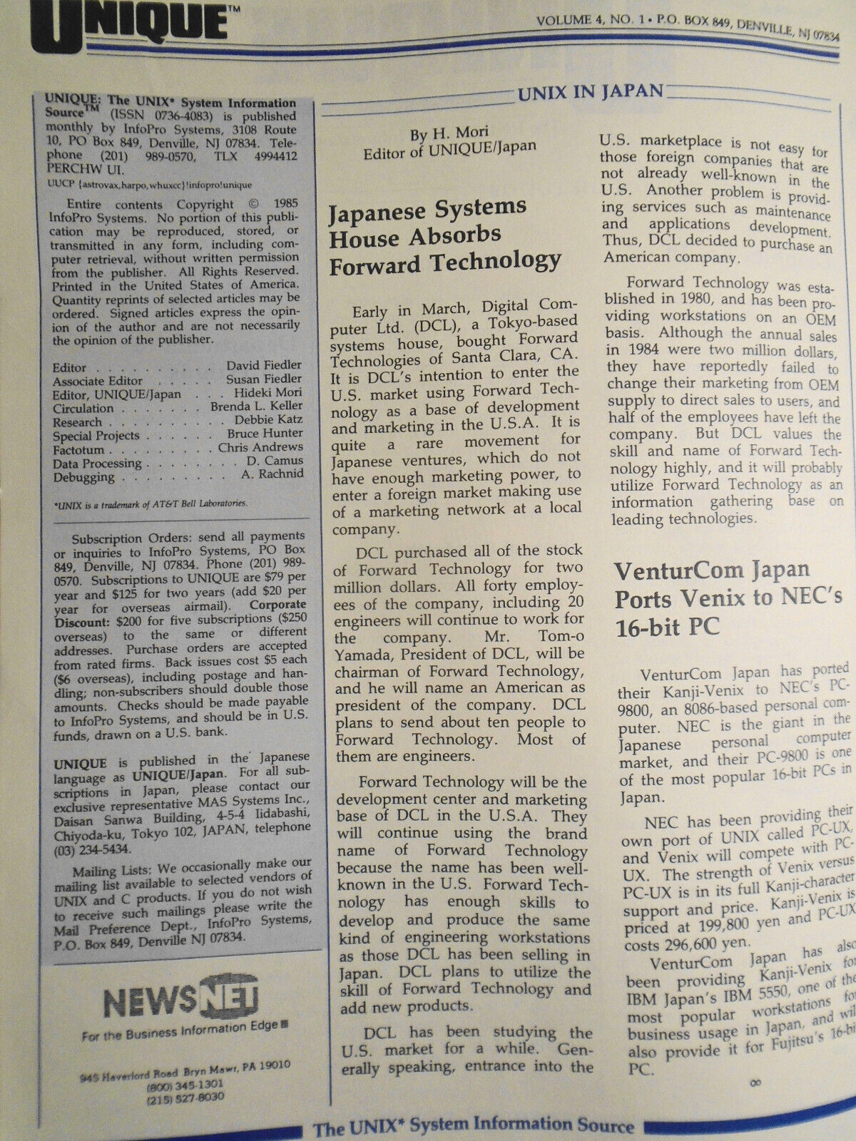 UNIQUE: The UNIX System Information Source, Oct. 1985 - Graphics; AT&T UNIX PC