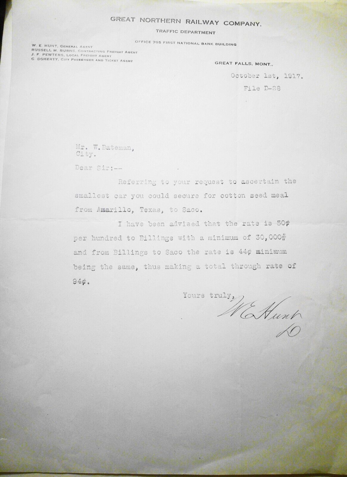 1917 Great Northern Railway Company - Letter with quote from Amarillo TX to Saco