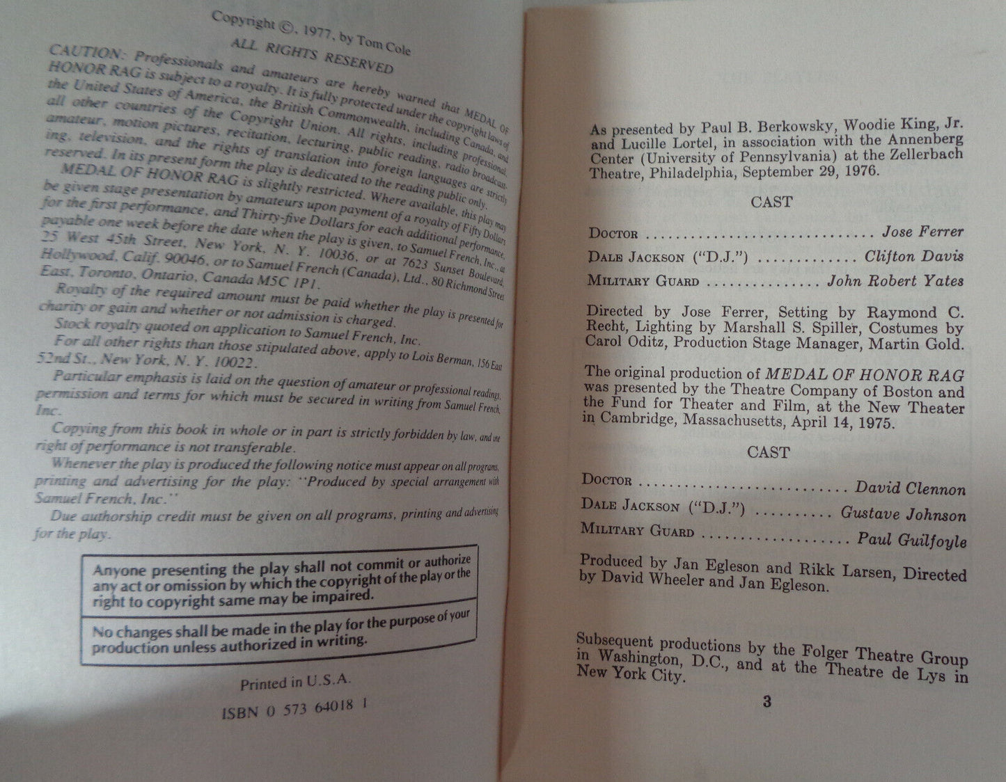 Medal of Honor rag : a full length play in one act, by Tom Cole. 1983