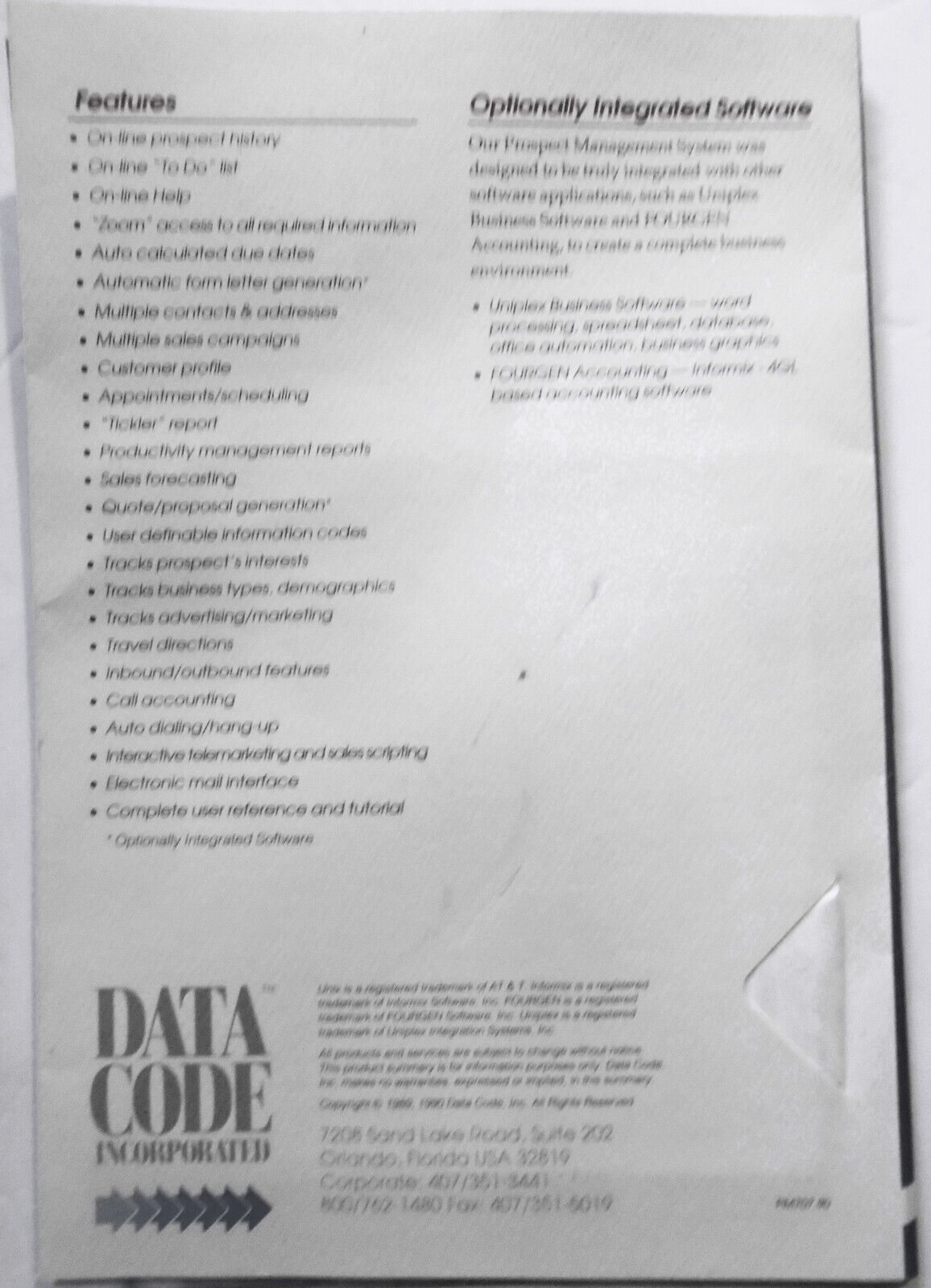 Data Code Prospect Management system. 1990 Demo Program for IBM PCs, 5 1/4".