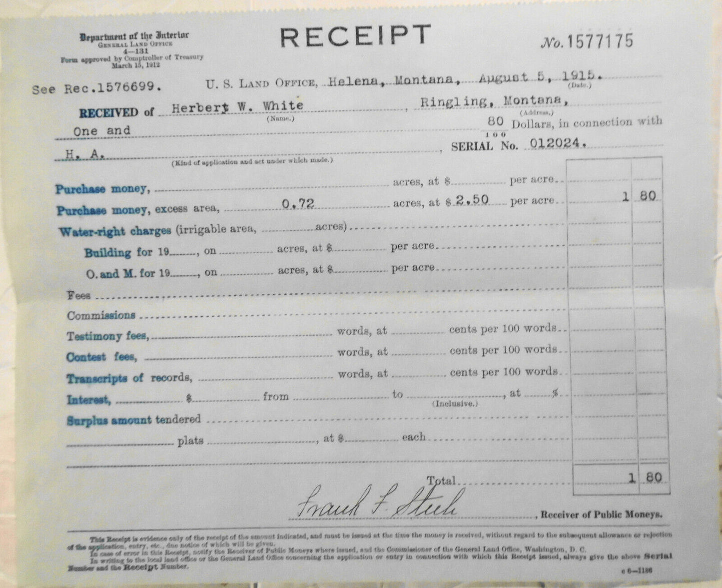 1915 Notice of Allowance, Department of the Interior Land Office, Helena Montana