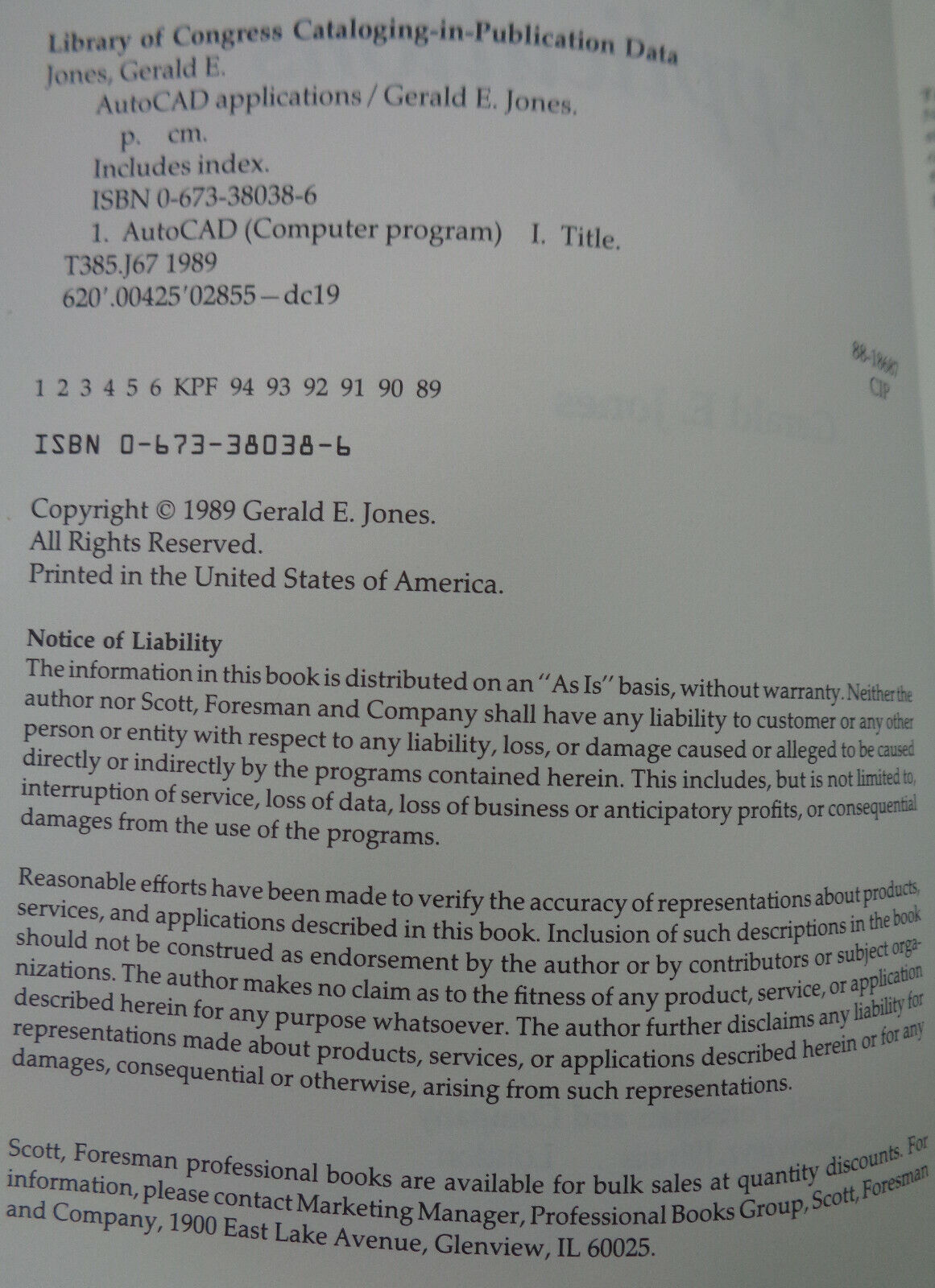 AutoCAD Applications, by Gerald E. Jones. First edition, 1989.