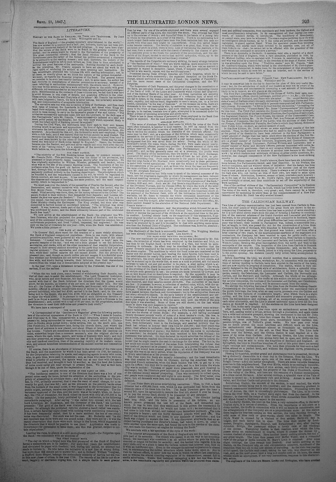 The Caledonian Railway - Illustrated London News, September 25, 1847. Original