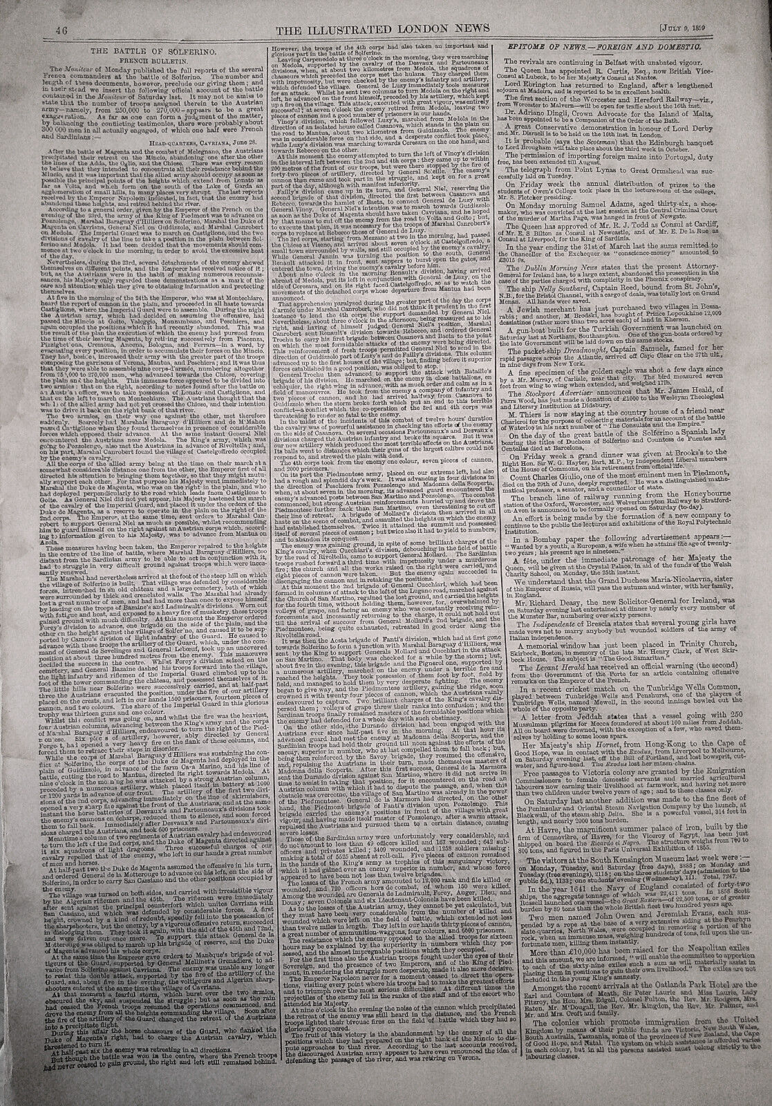 Illustrated London News, July 9, 1859. War in Europe - Original complete issue
