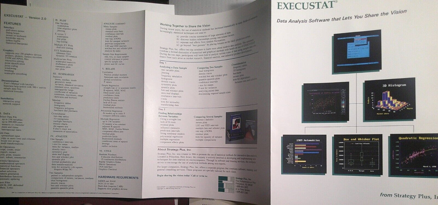 Execustat Press Kit - IBM PC Data analysis software by Strategy Plus, Inc., 1990