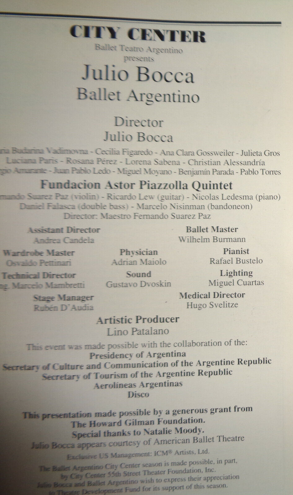 JULIO BOCCA & BALLET ARGENTINO - PLAYBILL - OCTOBER 31, 2000