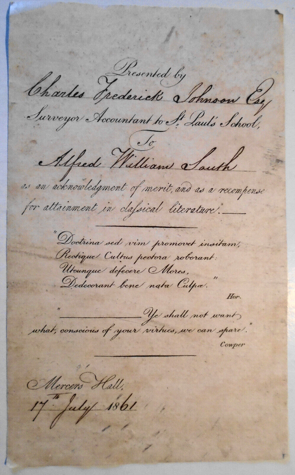 1861 St. Paul's School Ex Libris Bookplate / Award Presentation certificate