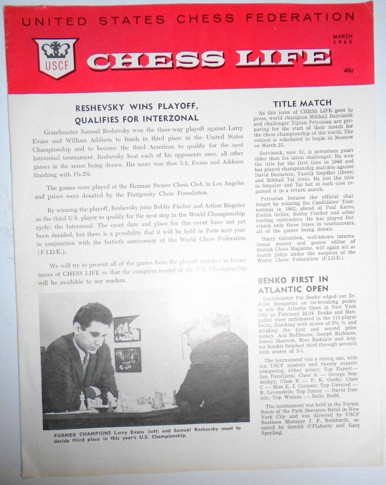 Chess Life, March 1963 - Reshevsky, Fischer, Petrosian, Benko, et al.