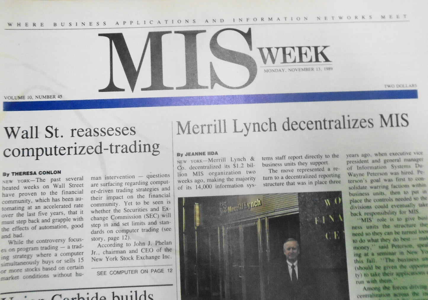 MIS Week, November 13, 1989 - Wall Street reassesses computerized trading, etc