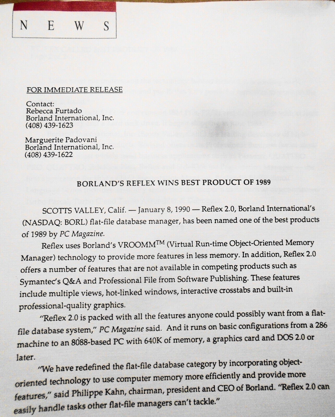 1990 Borland Paradox, Quattro Pro & Reflex win top awards. 4 press releases.