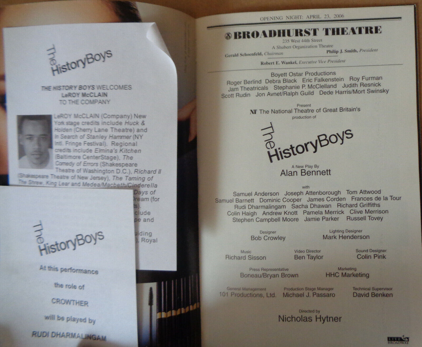 THE HISTORY BOYS - PLAYBILL - OPENING NIGHT: APRIL 23, 2006