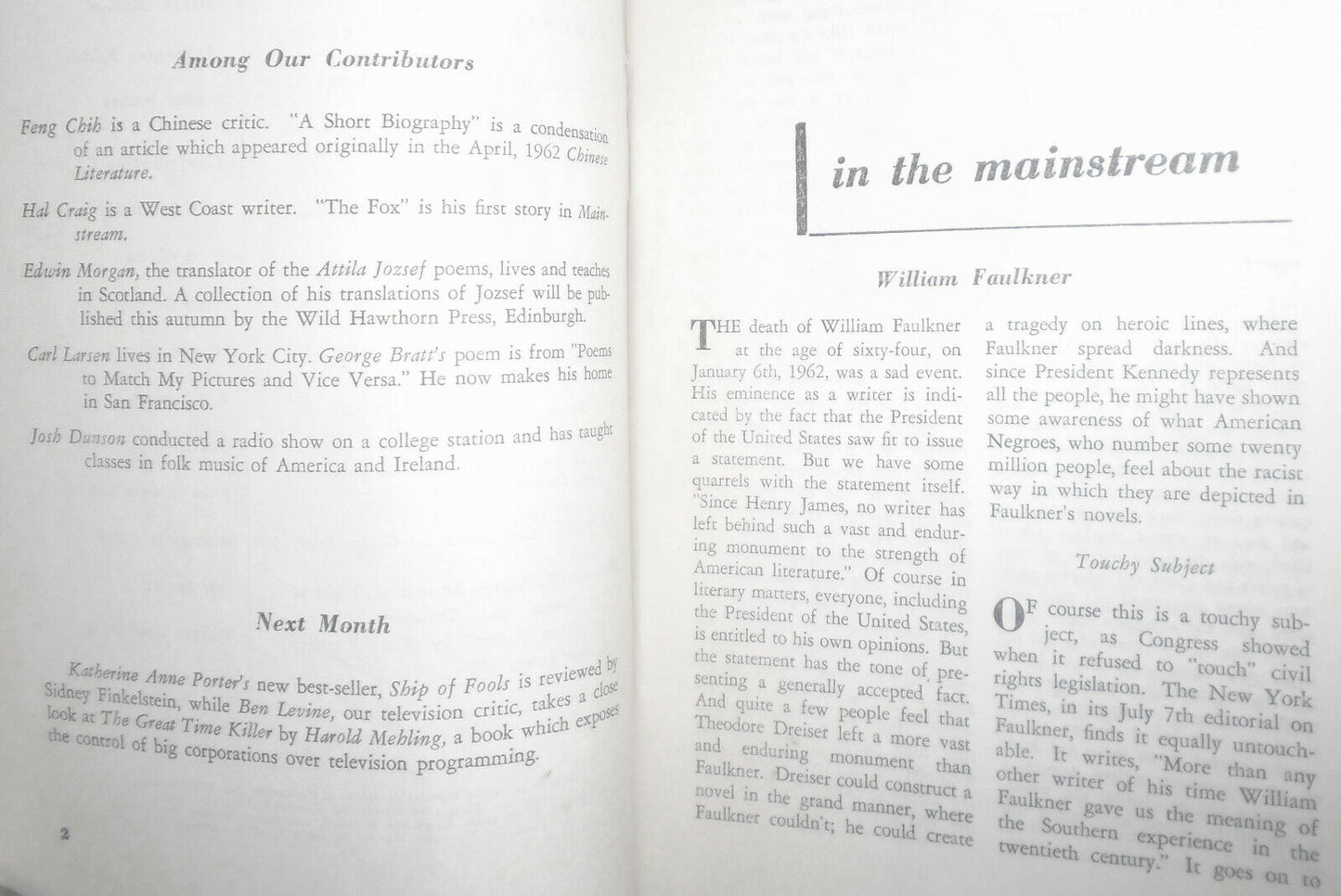 Mainstream, August 1962 - William Faulkner the man and the myths - S Finkelstein