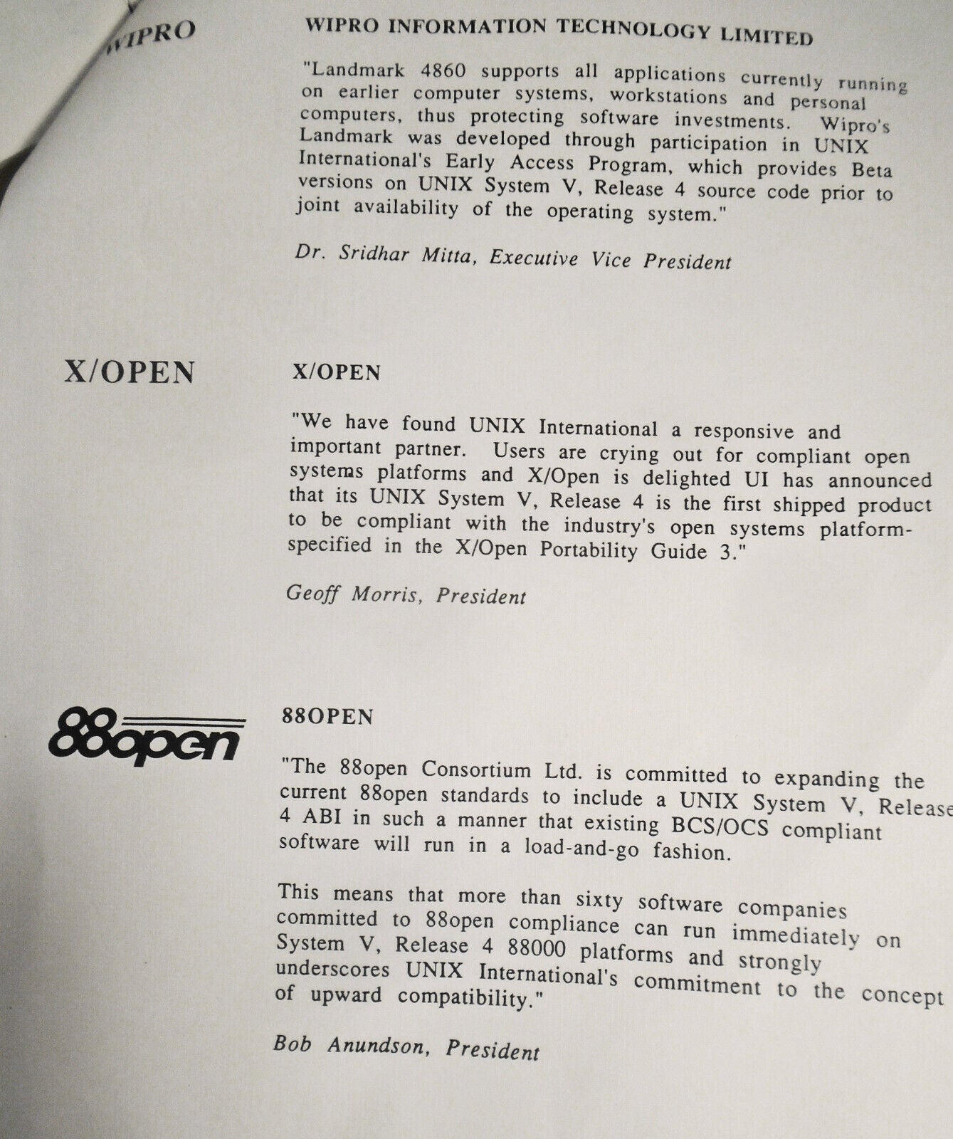 1989 Statements of support by 172 companies for UNIX System V, Release 4