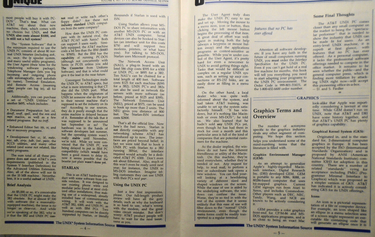 UNIQUE: The UNIX System Information Source, Oct. 1985 - Graphics; AT&T UNIX PC