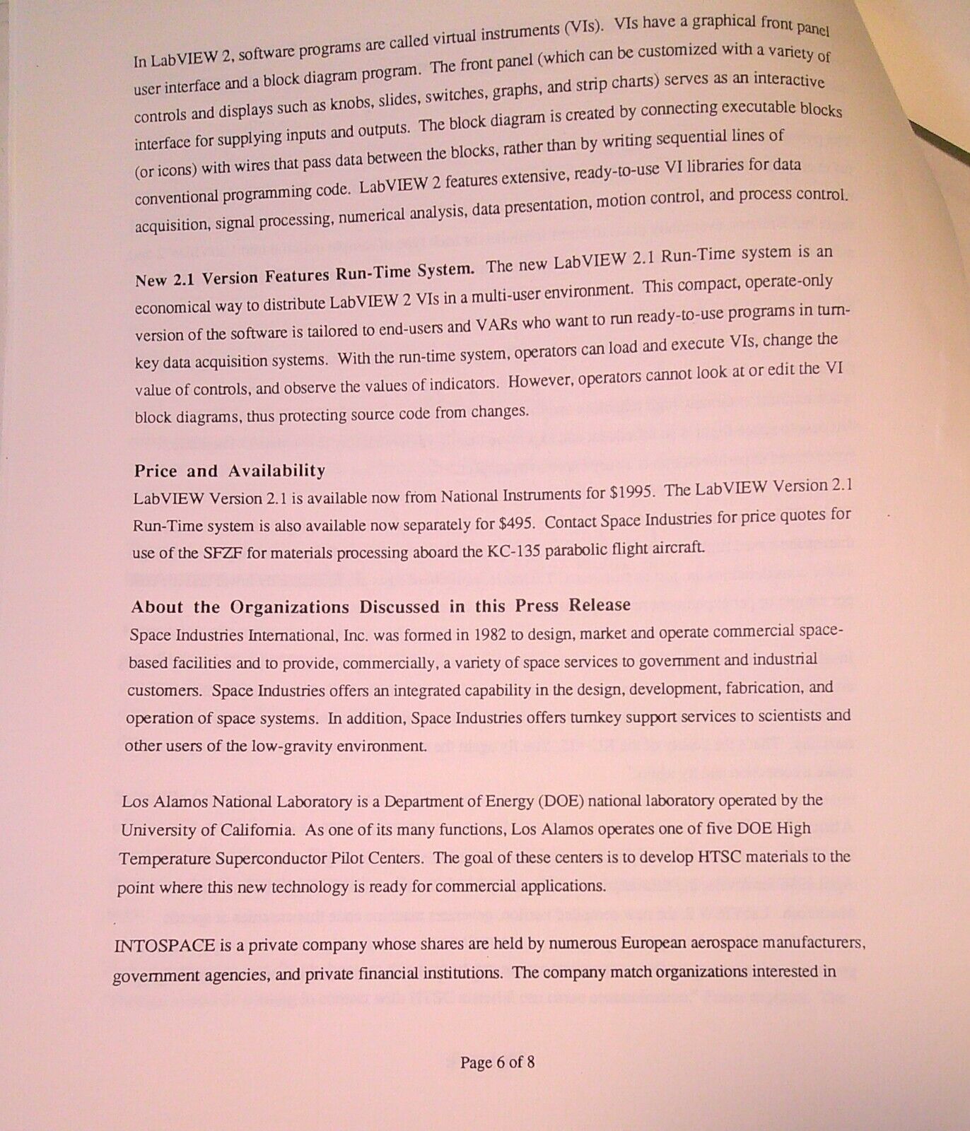 National Instruments LabVIEW 2 in NASA Zero Gravity Superconductor Research 1991