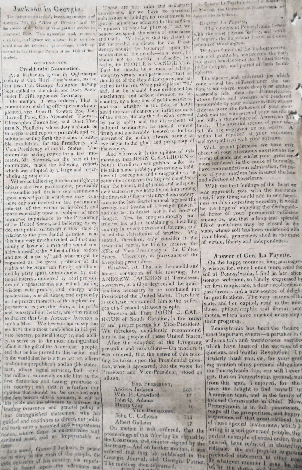 Columbian Observer, October 1, 1824 - Lafayette tribute & answer; Andrew Jackson