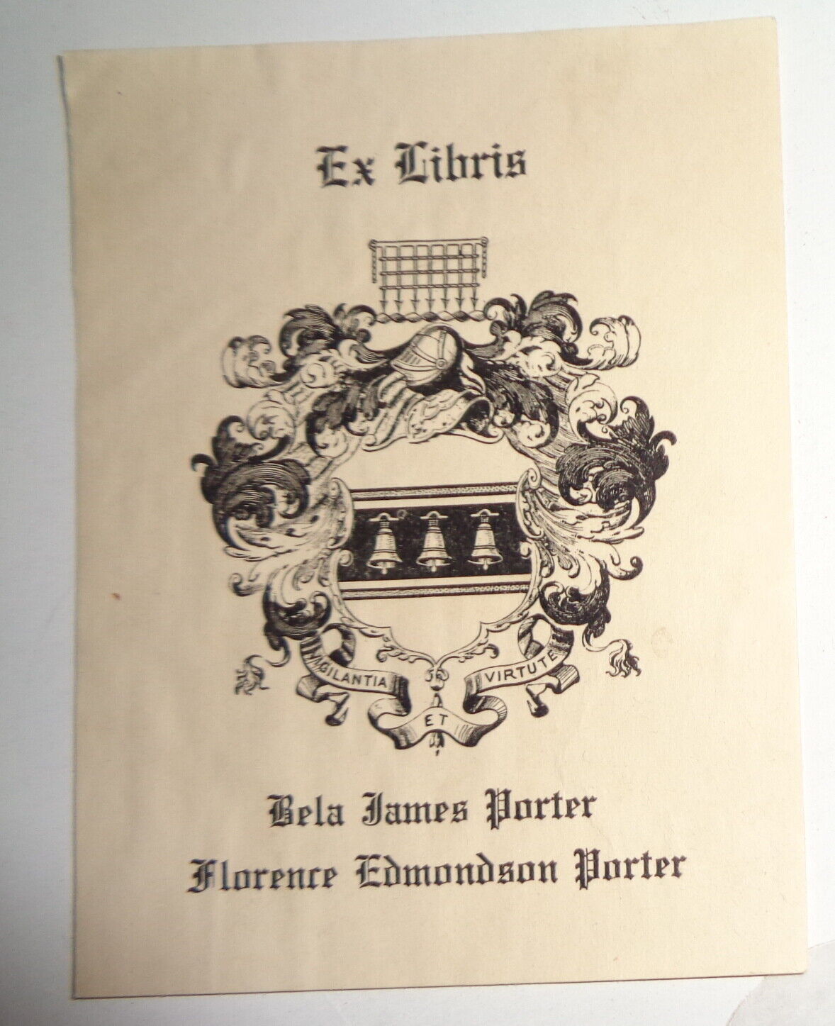 Bela James Porter / Florence Edmonson Porter - Ex Libris Bookplate - circa 1901