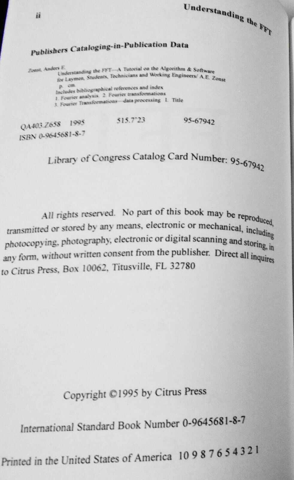 Understanding the FFT, by Anders E. Zonst. First edition, 1995.